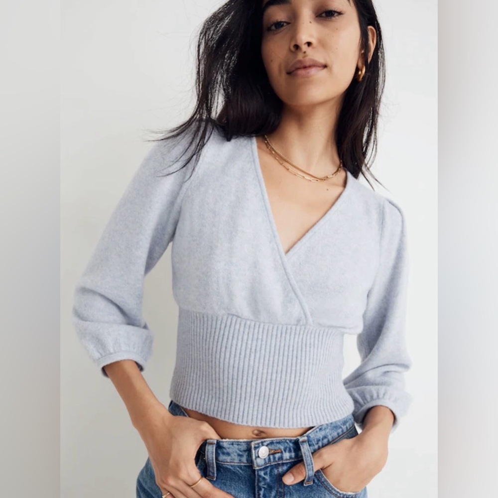 Madewell Wrap Neck V-Neck Cropped Wool Blend Sweater Sz M